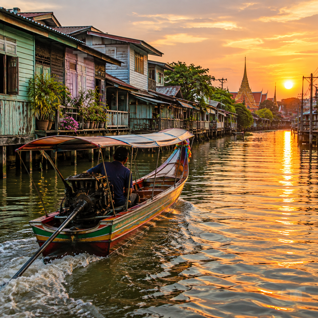Long-tail boat on a narrow Bangkok canal with wooden houses