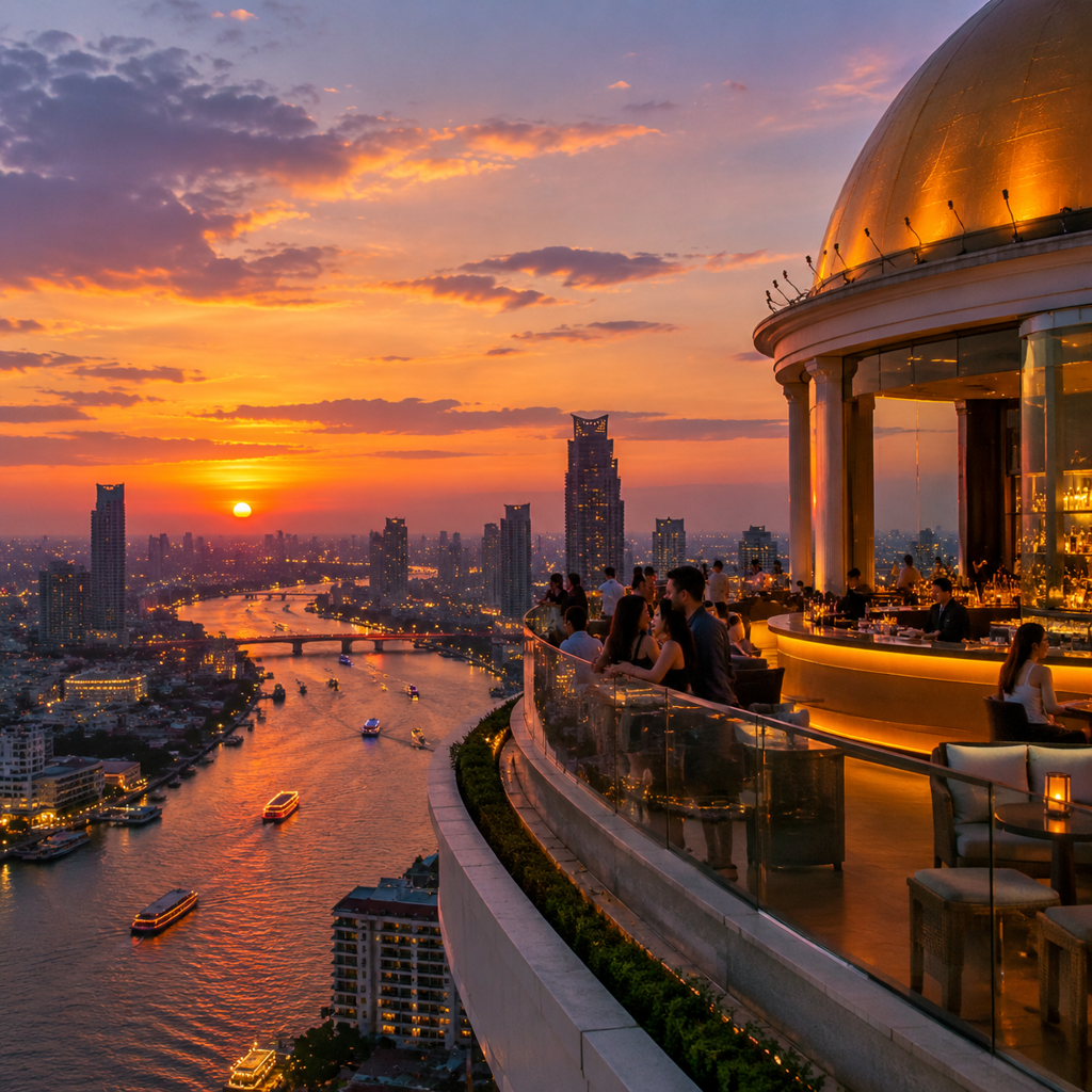 Sky Bar open terrace at dusk with circular bar and Bangkok skyline
